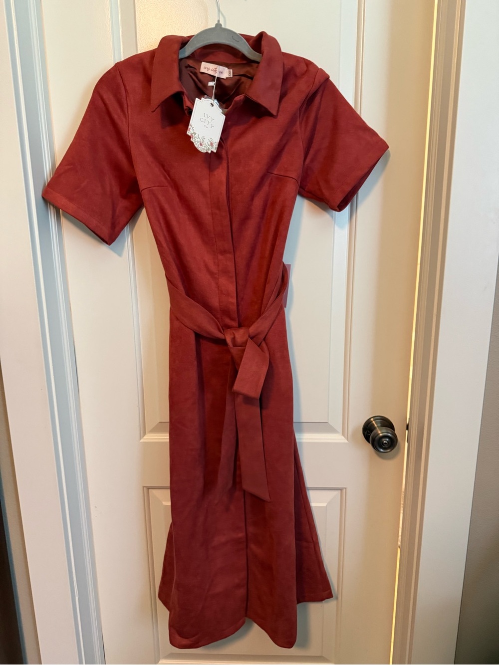Ivy City Co Rory Dress -Rust Red Midi Tie-Waist Shirt Dress
